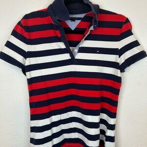 Tommy Hilfiger Women’s L Striped Americana Polo Shirt V-Neck Nautical Preppy